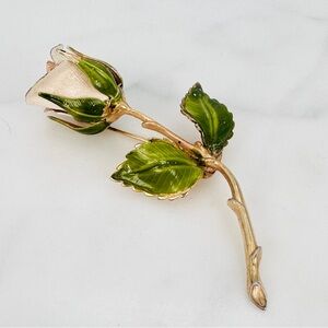 Vintage Signed Giovanni Rose Brooch Pin Romantic 2 3/4” Long Cream Green Goldton